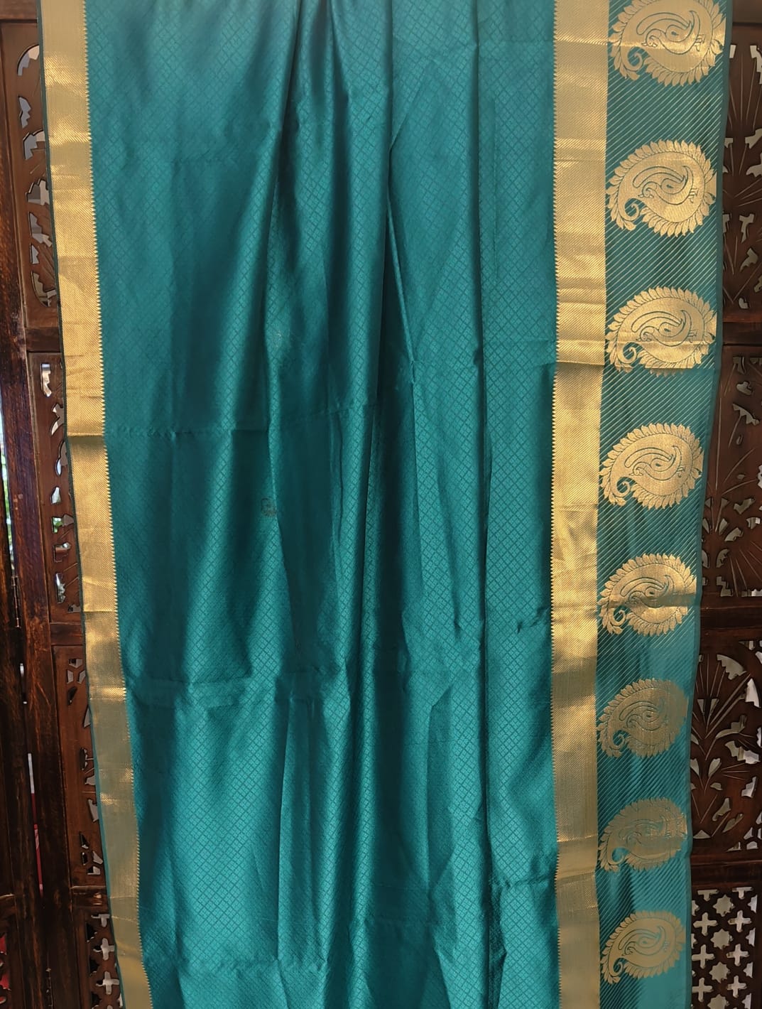 BLUISH GREEN SILK DUPATTA WITH GOLD ZARI BORDER