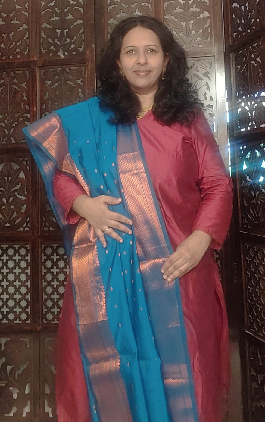 BLUISH GREEN SILK DUPATTA WITH A MAROON ZARI BORDER