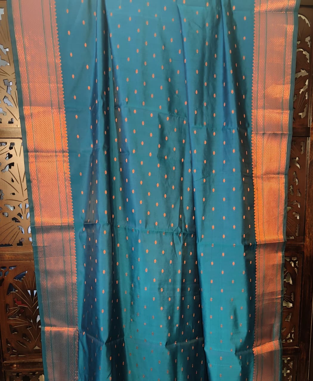 BLUISH GREEN SILK DUPATTA WITH A MAROON ZARI BORDER