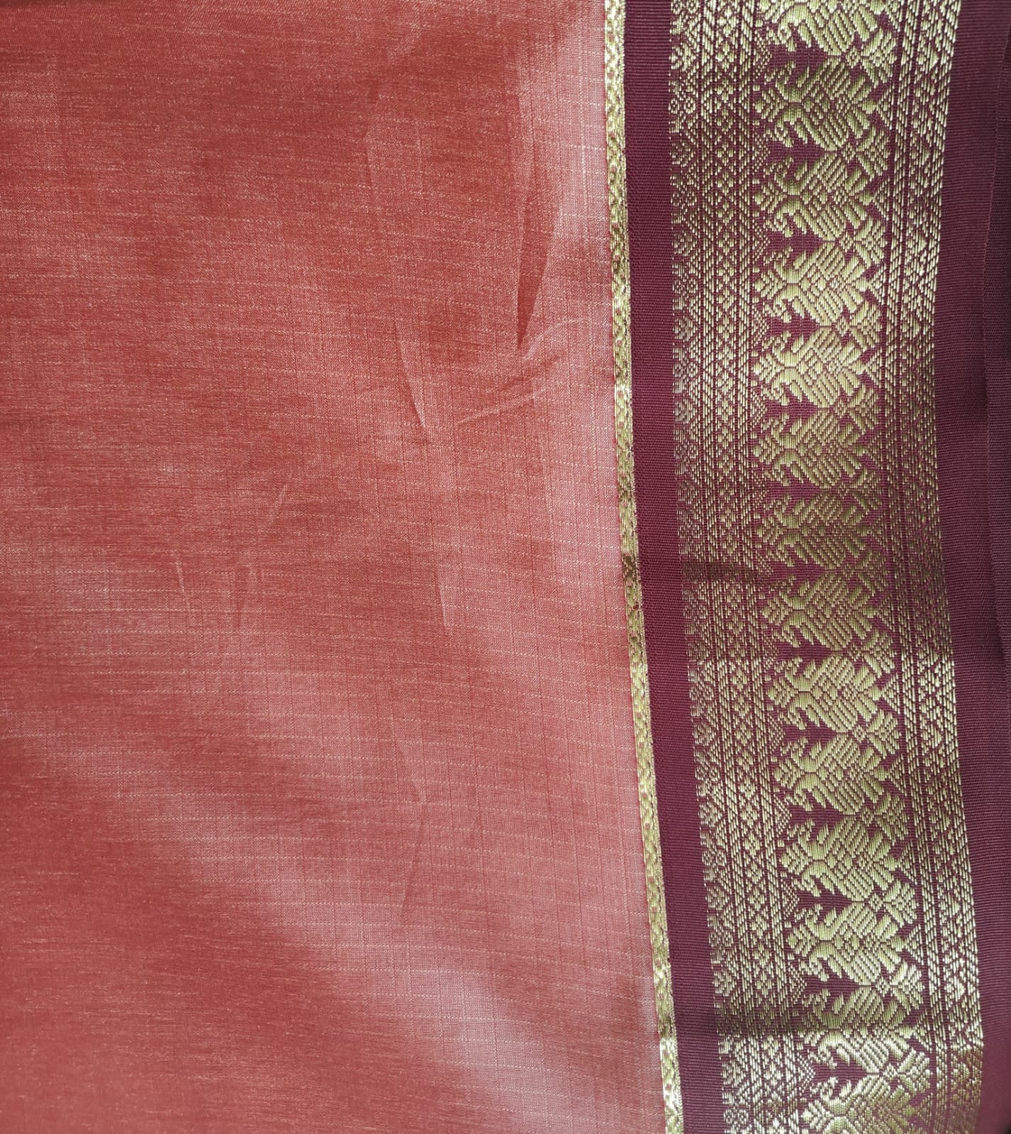 PEACH SILK DUPATTA WITH GOLD AND MAROON ZARI BORDER