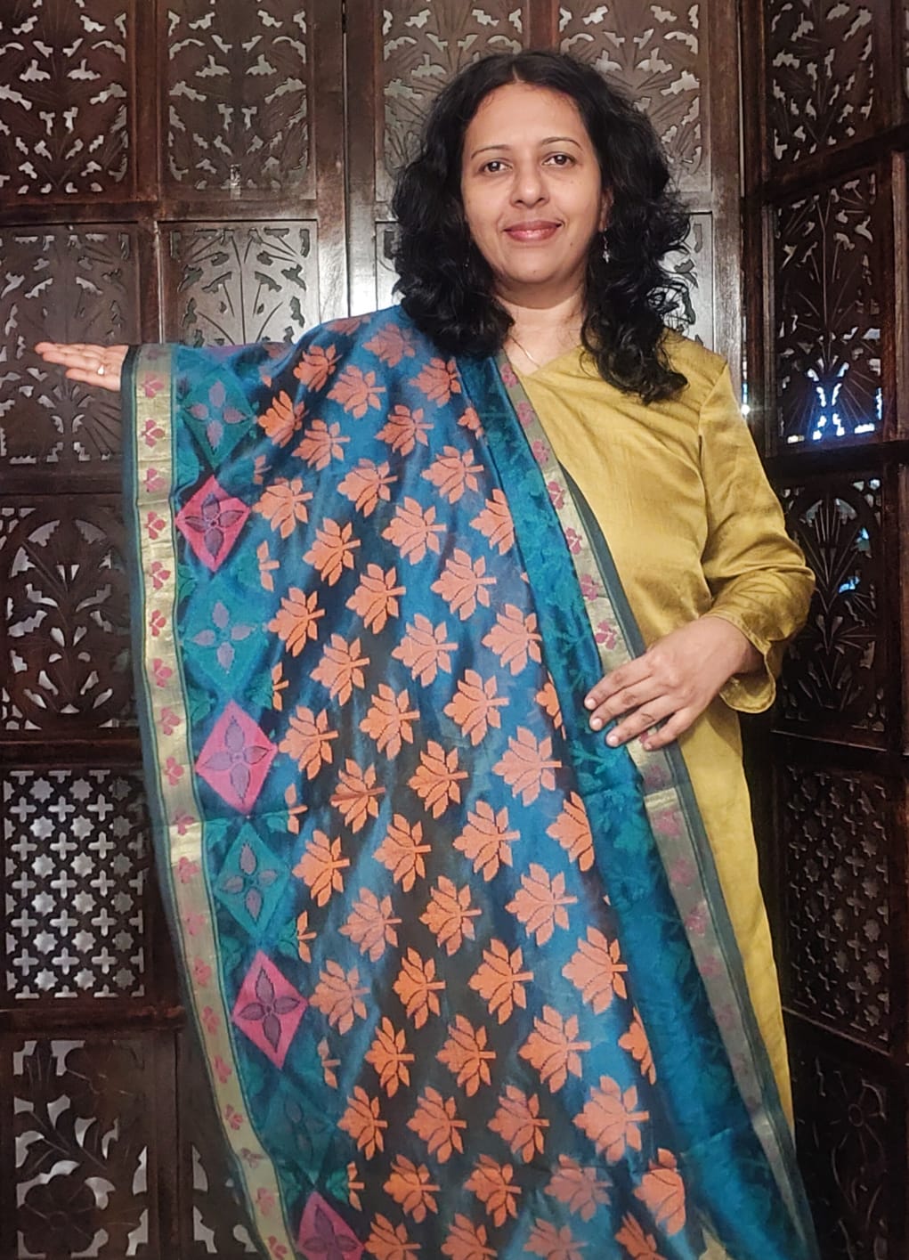 Bluish Green dupatta with orange & pink design