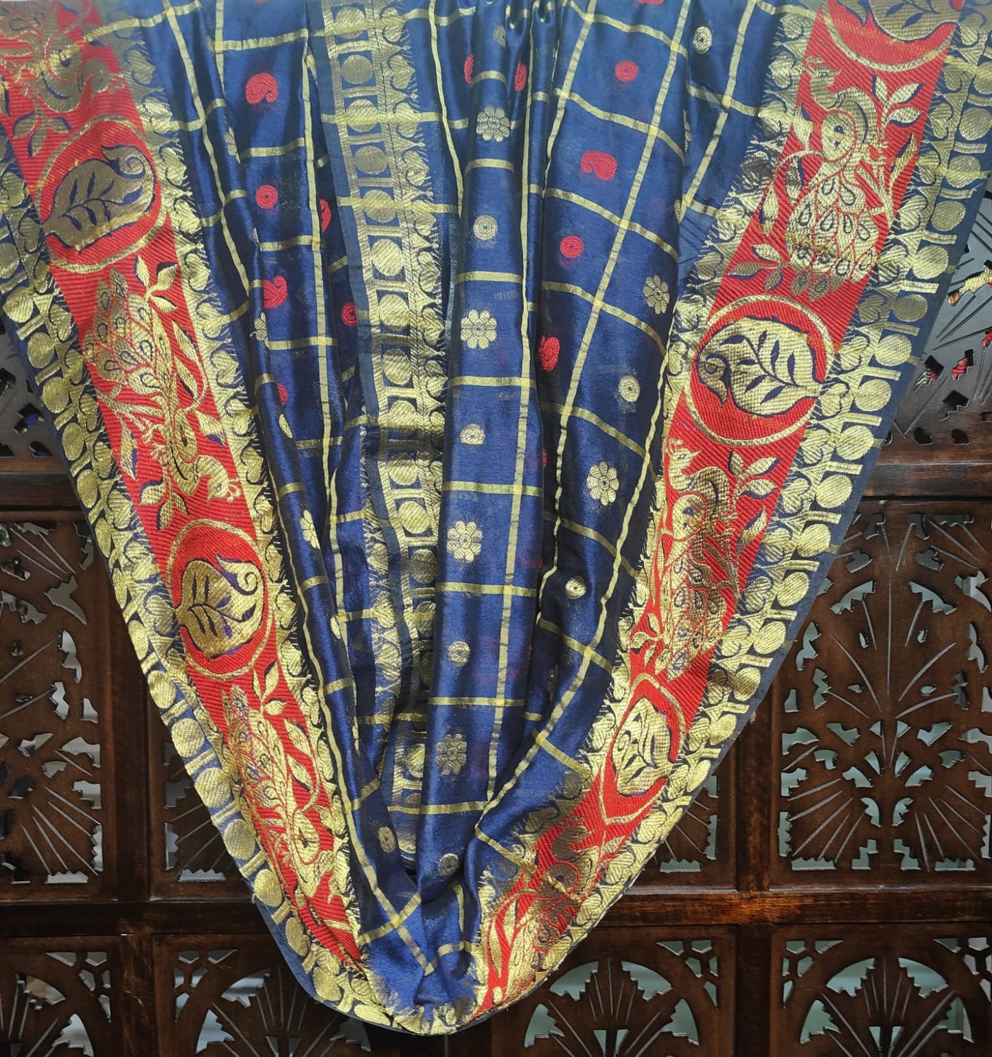 NAVY BLUE WITH GOLD CHECKS AND RED BORDER DUPATTA