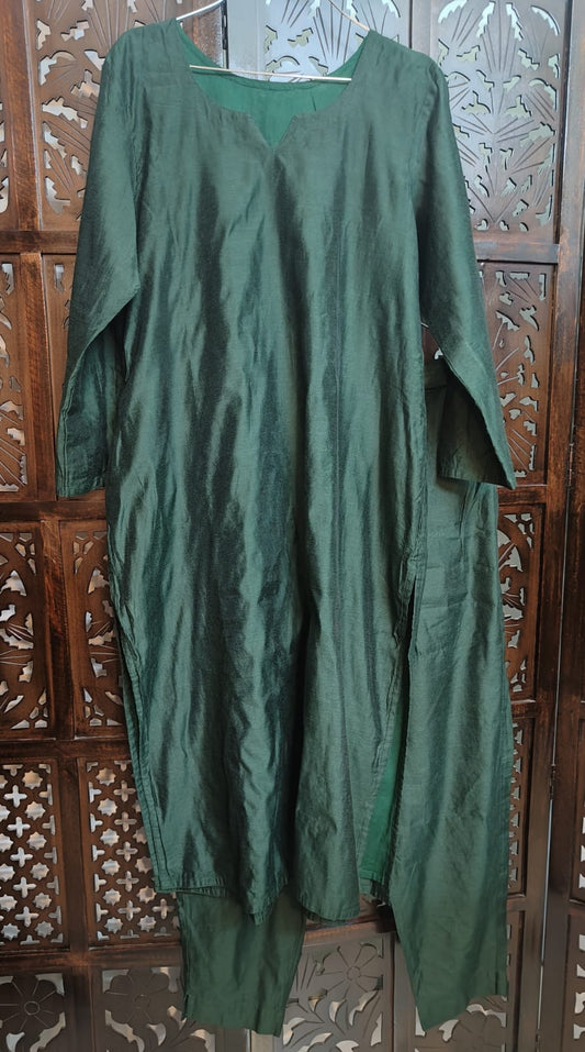 BOTTLE GREEN COTTON SILK KURTA PANT MATERIAL