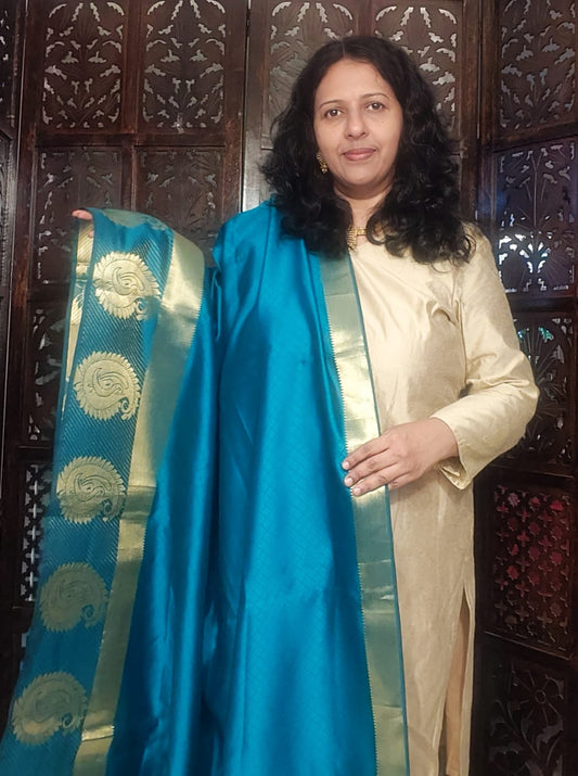 BLUISH GREEN SILK DUPATTA WITH GOLD ZARI BORDER