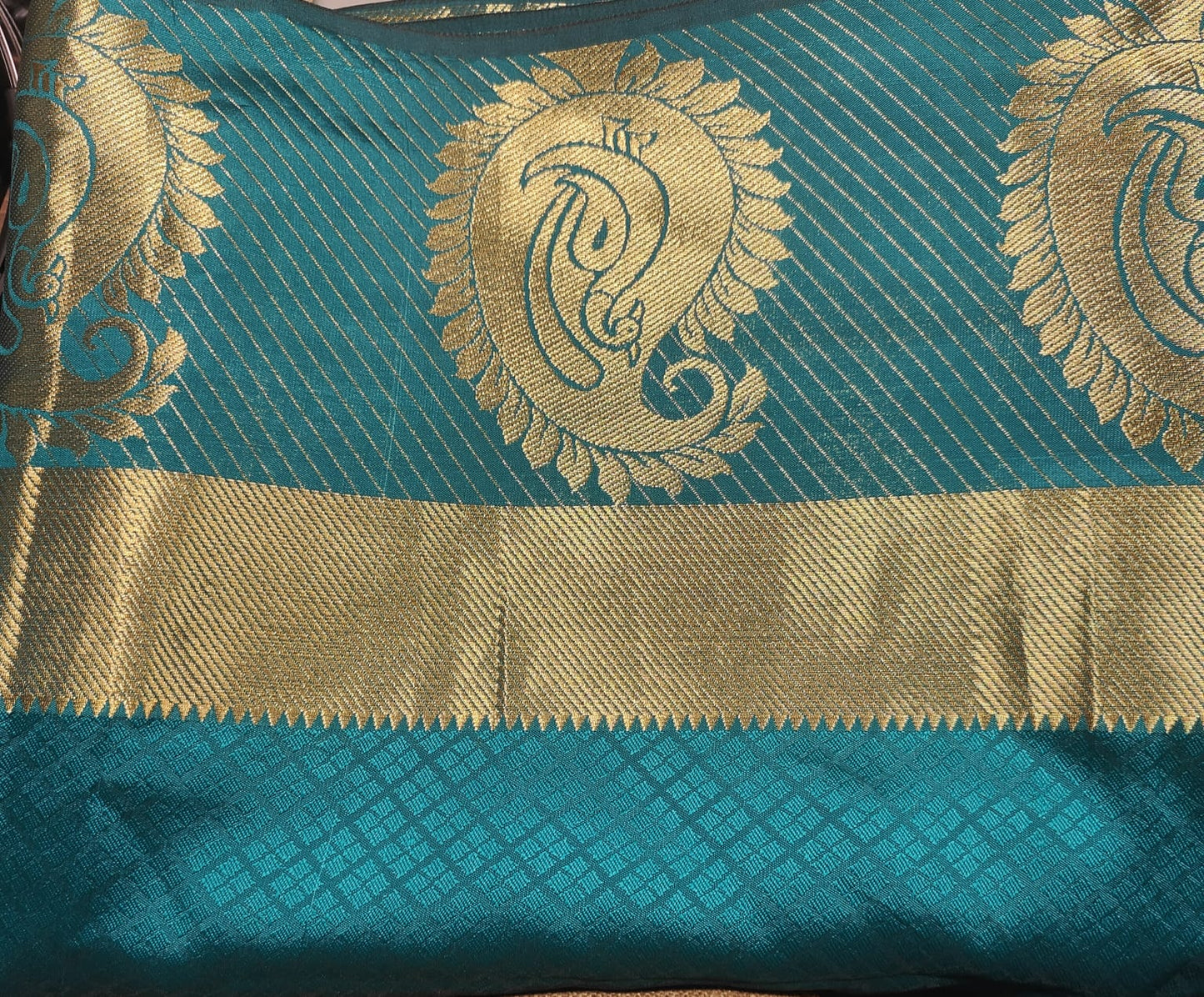 BLUISH GREEN SILK DUPATTA WITH GOLD ZARI BORDER