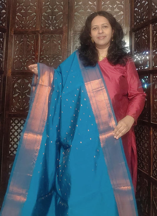BLUISH GREEN SILK DUPATTA WITH A MAROON ZARI BORDER