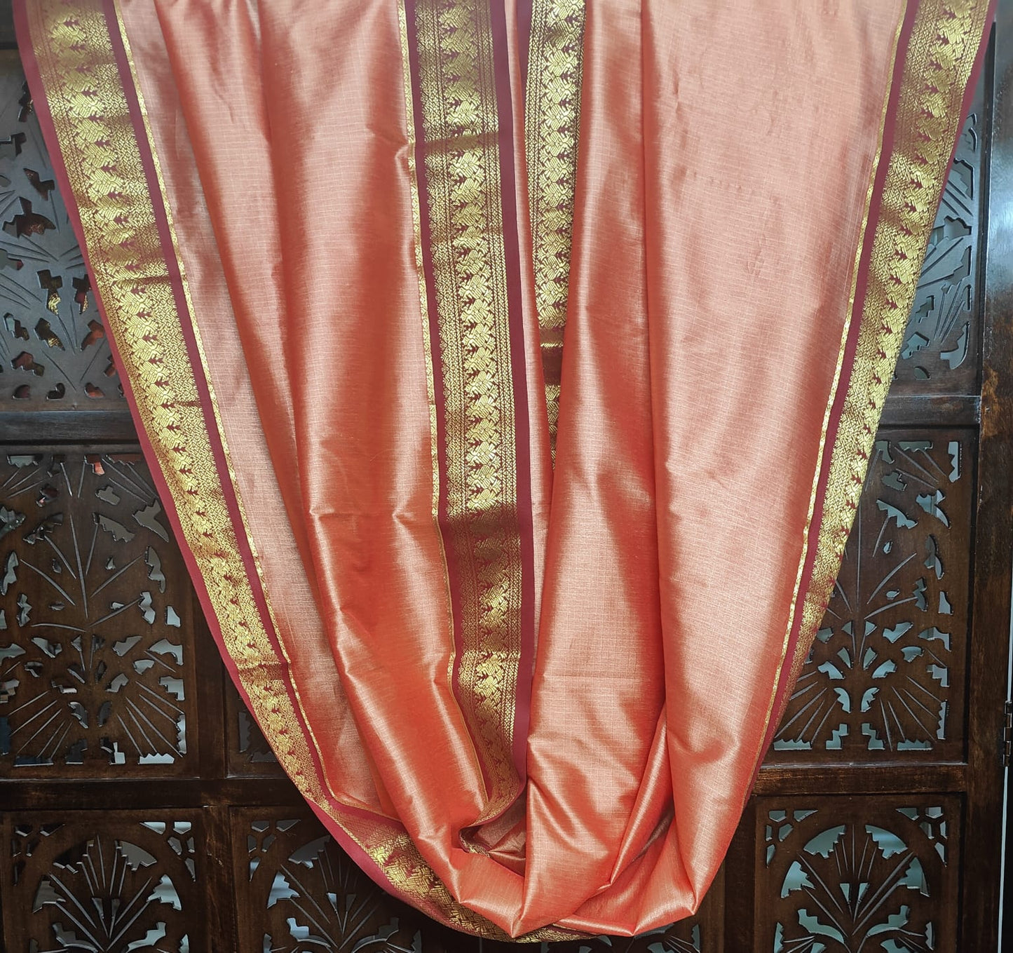 PEACH SILK DUPATTA WITH GOLD AND MAROON ZARI BORDER