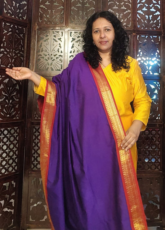 PURPLE & VIOLET DOUBLE THREAD SOFT COTTON SILK DUPATTA WITH MAROON ZARI BORDER