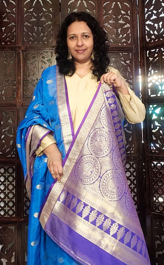 DUPATTA WITH A PALLU  (light blue with violet border)