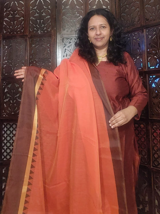 Brick orange soft cotton silk dupatta with brown zari border