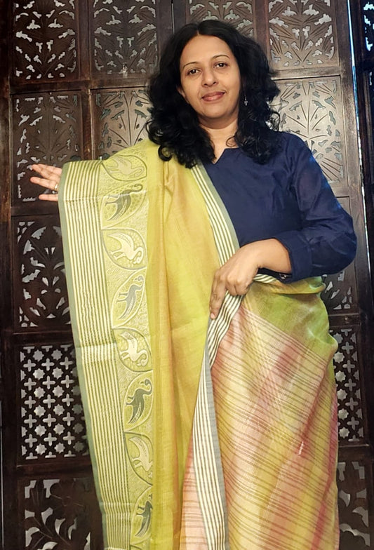 DUPATTA WITH A PALLU (light green with cream and grey printed border)