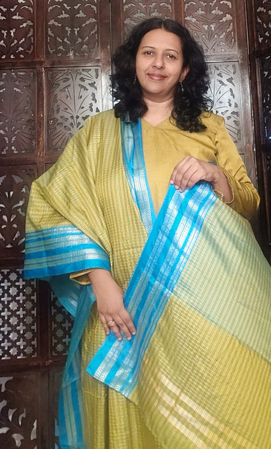 DUPATTA WITH A PALLU  (lemon yellow with a light blue border)