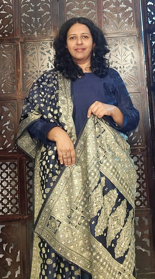 DUPATTA WITH A PALLU (navy blue with silver border)