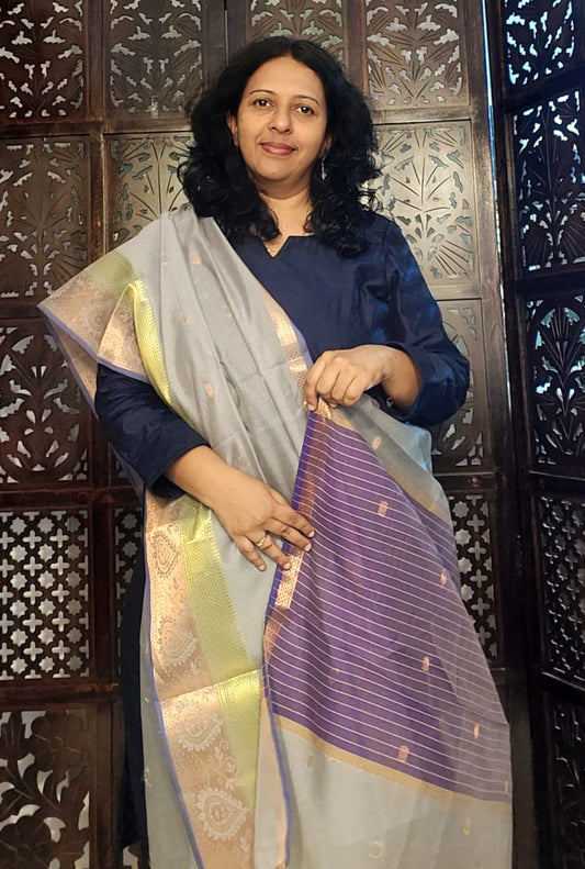 DUPATTA WITH A PALLU (grey with lemon green and purple border)
