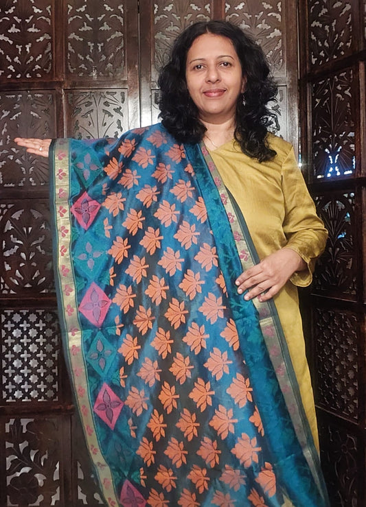Bluish Green dupatta with orange & pink design