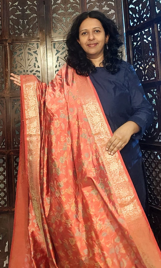 Orange silk dupatta with gold border