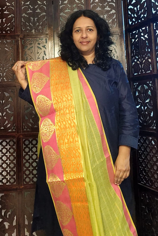 Rich blue silk dupatta with a red and gold border