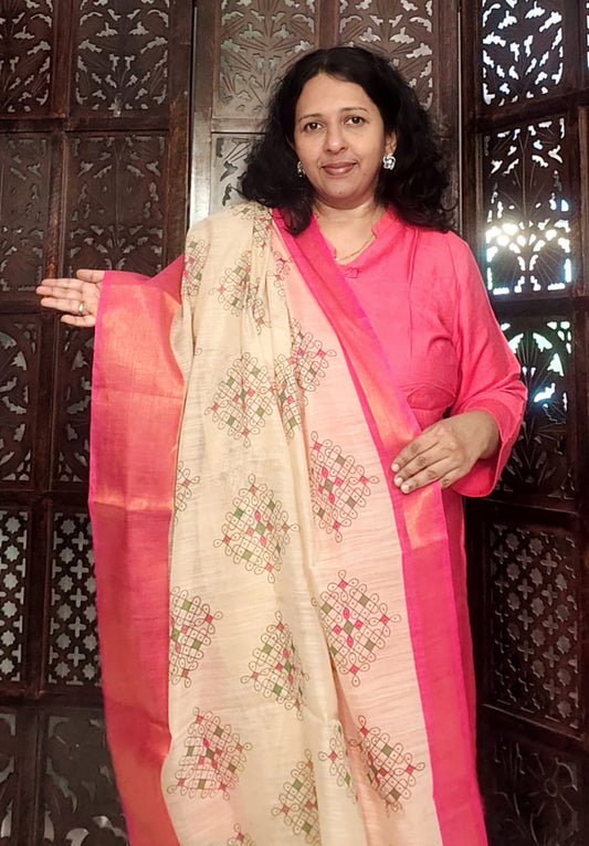 Cream with a rich pink border