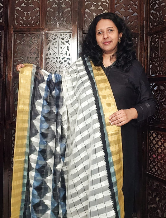 White dupatta with grey and black checkered design