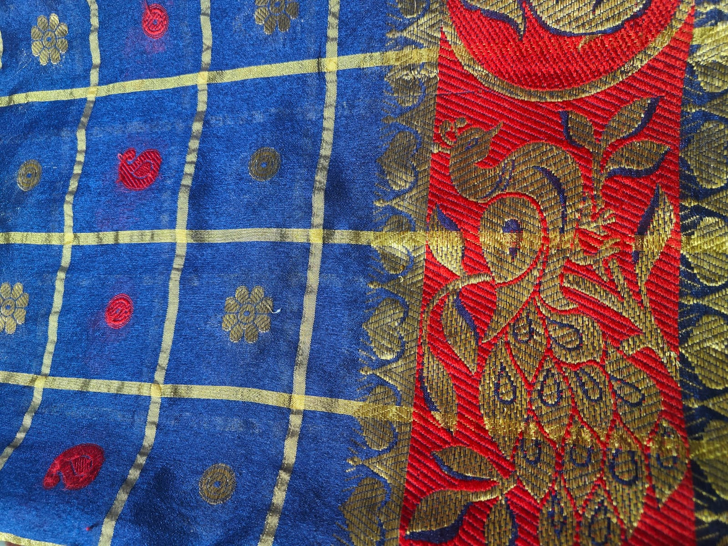 NAVY BLUE WITH GOLD CHECKS AND RED BORDER DUPATTA